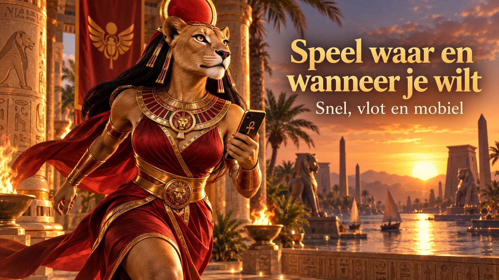Godin Sekhmet speelt op smartphone in de Amunbet app — speel waar en wanneer je wilt, snel en mobiel