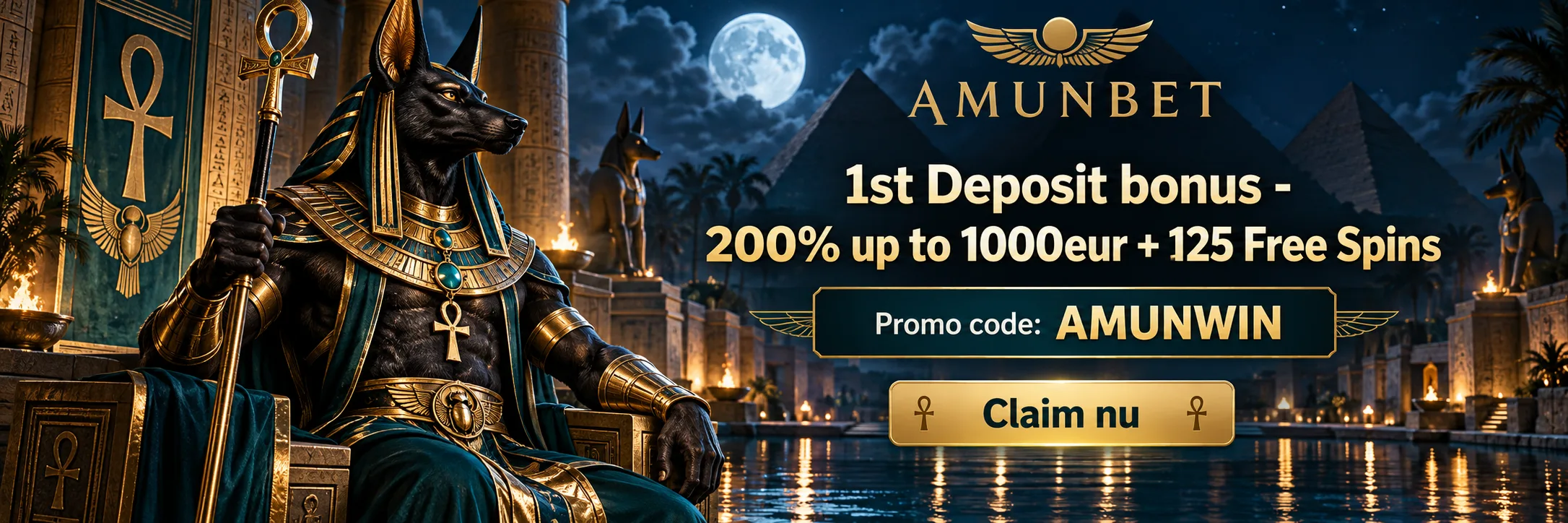 Amunbet welkomstbonus banner met god Anubis — 200% eerste stortingsbonus tot €1.000 plus 125 free spins, promotiecode AMUNWIN