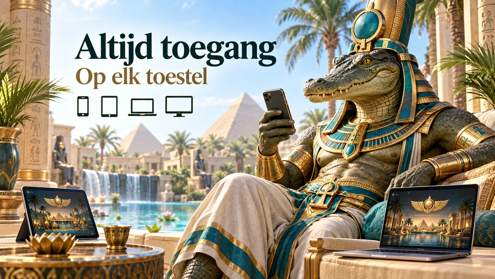 God Sobek met smartphone, tablet en laptop — altijd toegang tot je Amunbet account op elk toestel
