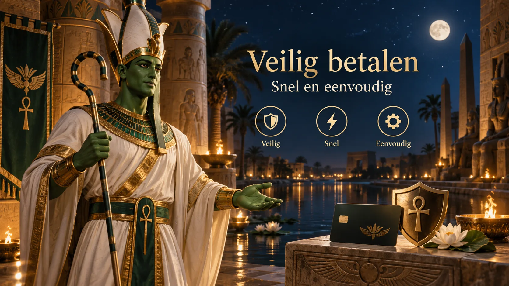 Amunbet betalingen banner met god Osiris — veilig betalen, snelle stortingen en opnames bij Amunbet casino