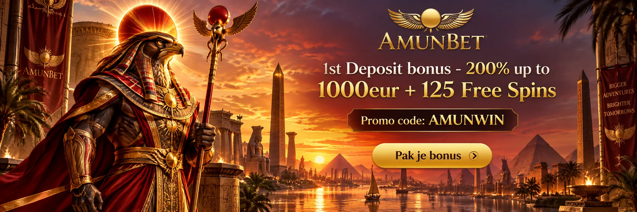 Amunbet promotiecode banner met god Ra — promotiecode AMUNWIN voor 200% bonus tot €1.000 en 125 free spins